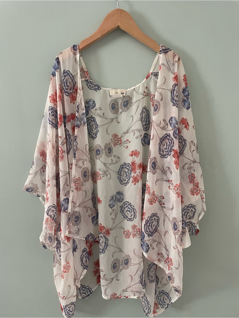 Sheer Floral Kimono Cardigan in Cream with Blue & Coral Flowers